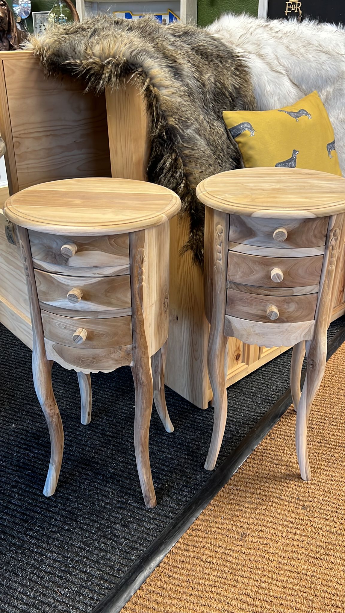 Raw Teak three drawer Bedside Tables - Pair