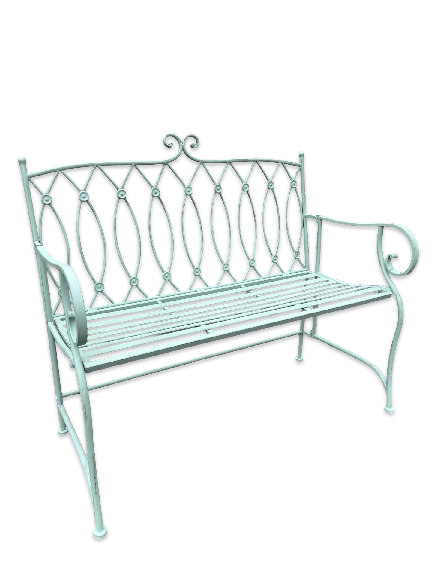 Vintage Pistachio Green Metal Garden Bench with Lattice Detail