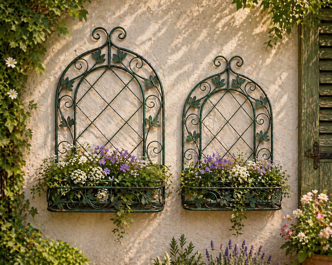 Pair of Decorative Metal Wall Planters – Deep Green, Indoor & Outdoor
