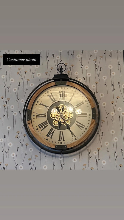 Large Wall Clock with White Face and Roman Numerals - 74cm Metal & Wood