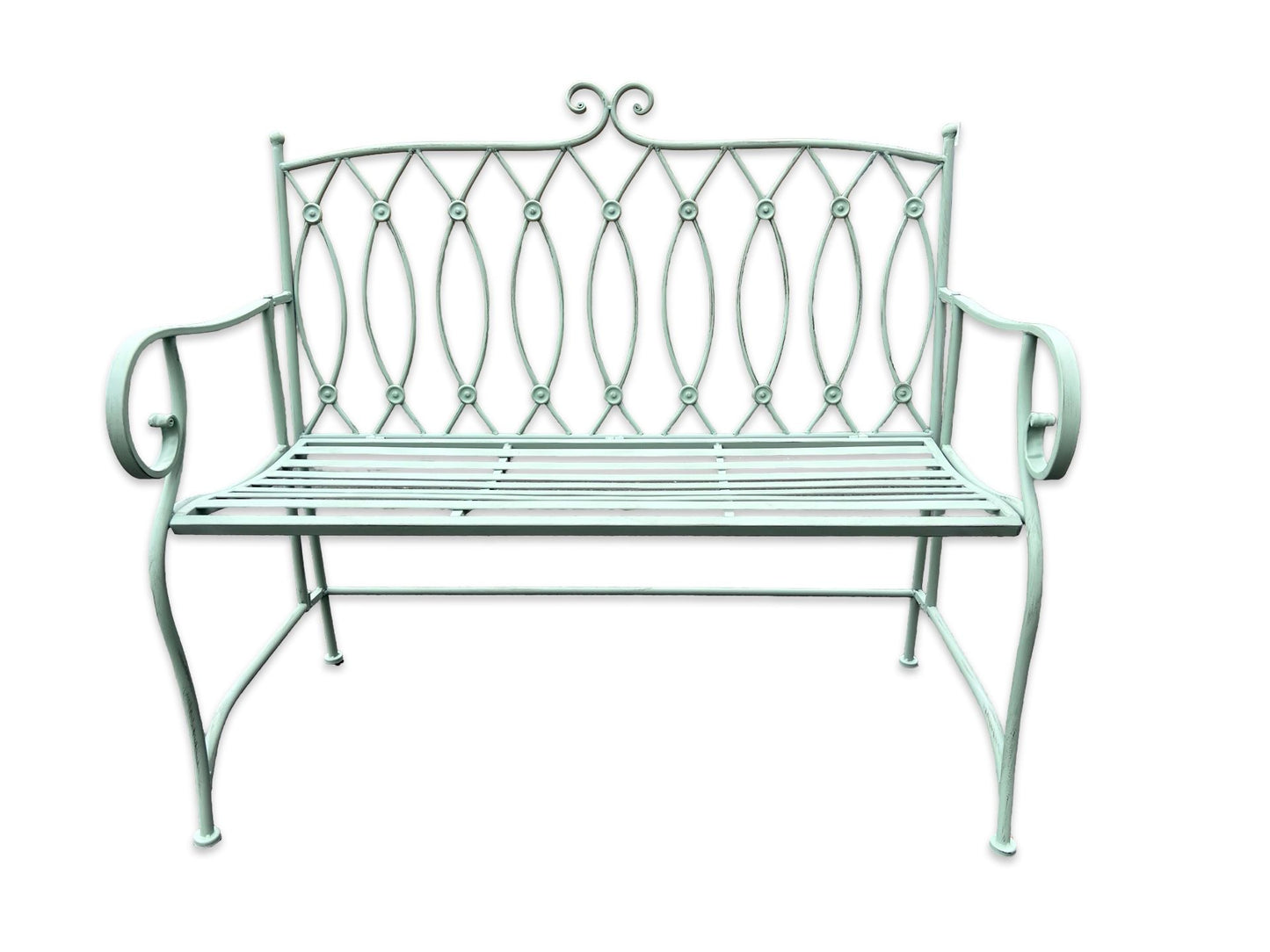 Vintage Pistachio Green Metal Garden Bench with Lattice Detail