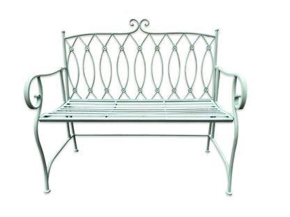 Vintage Pistachio Green Metal Garden Bench with Lattice Detail