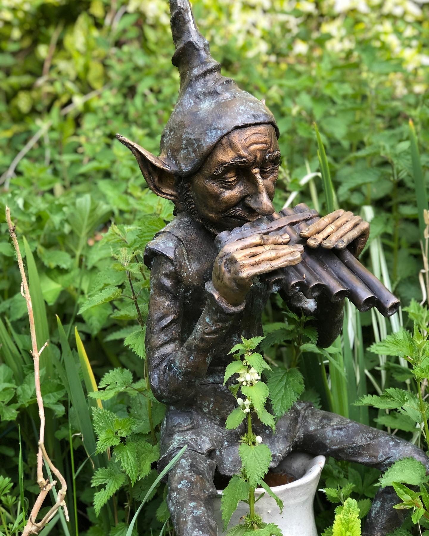 Bronze Seated Whimsical Goblin Playing Pan Pipes - Lost Wax Sculpture