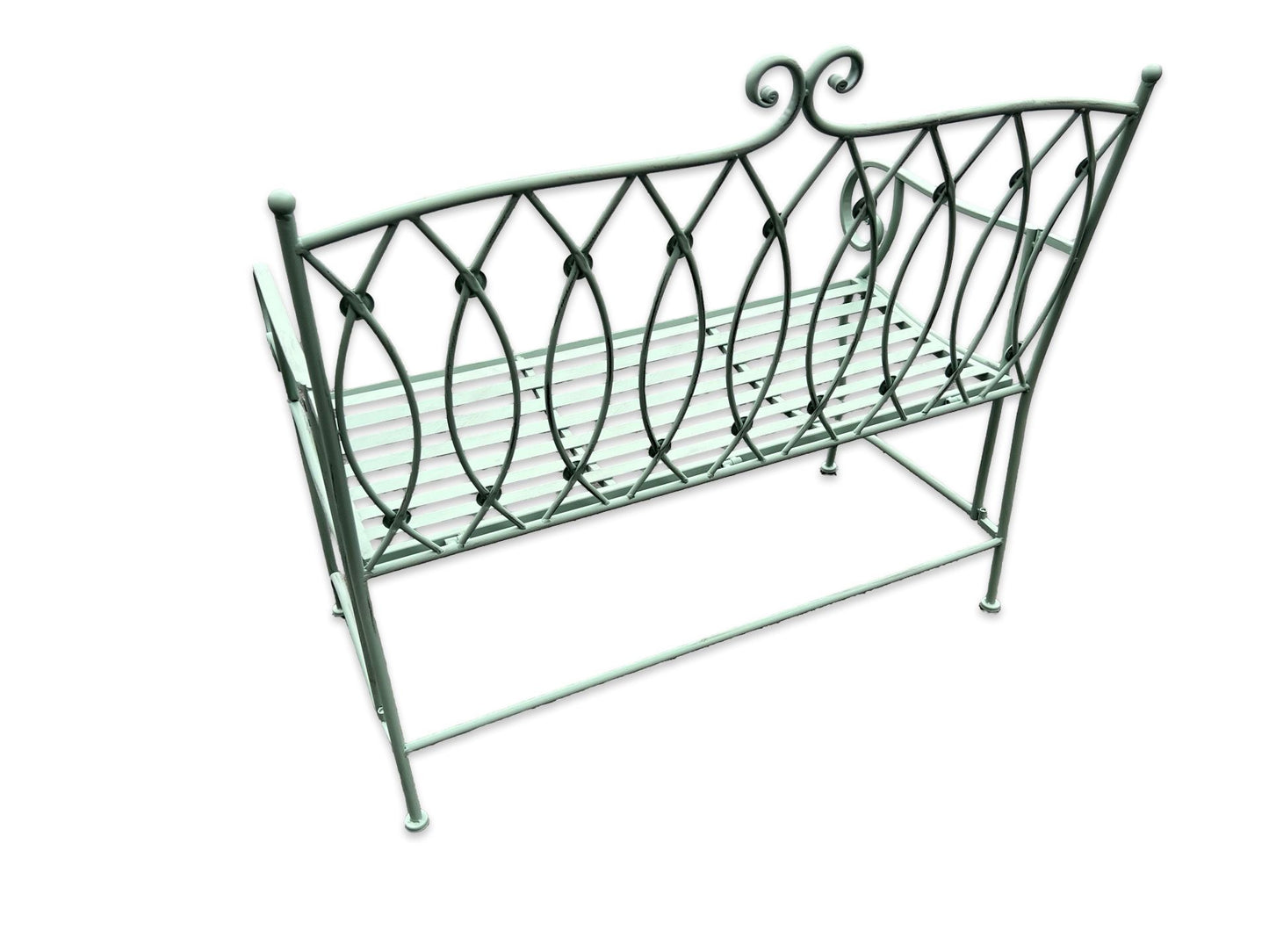 Vintage Pistachio Green Metal Garden Bench with Lattice Detail