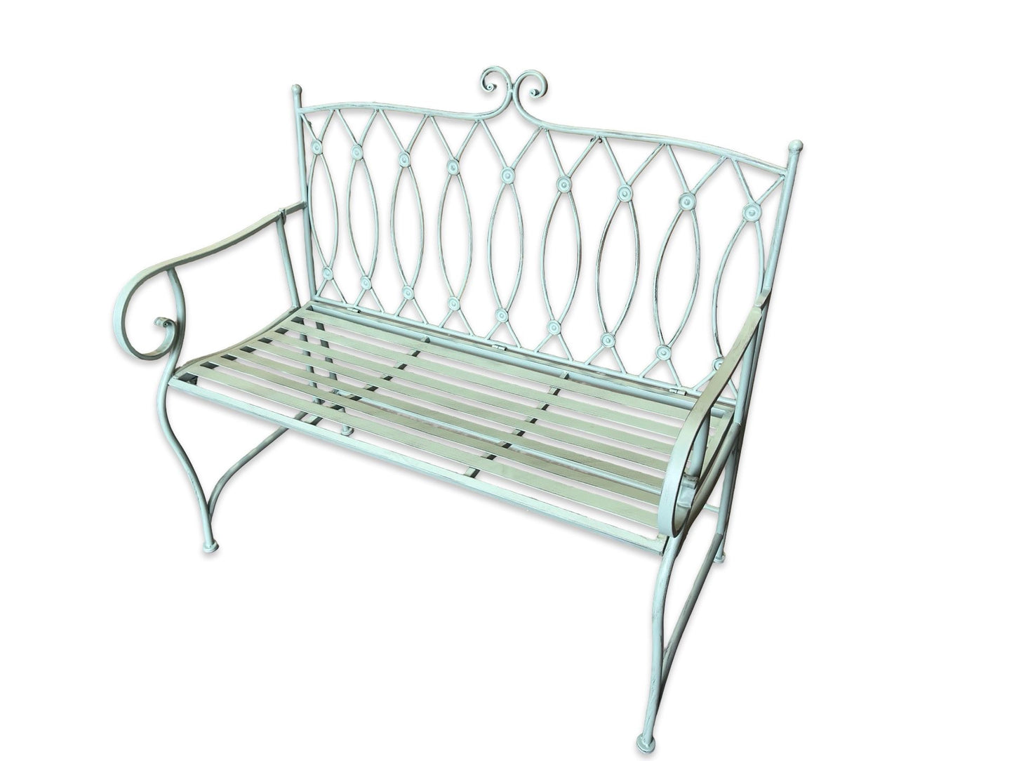 Vintage Pistachio Green Metal Garden Bench with Lattice Detail