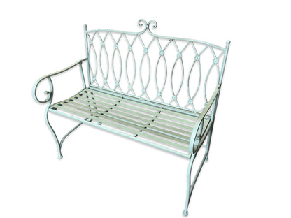 Vintage Pistachio Green Metal Garden Bench with Lattice Detail