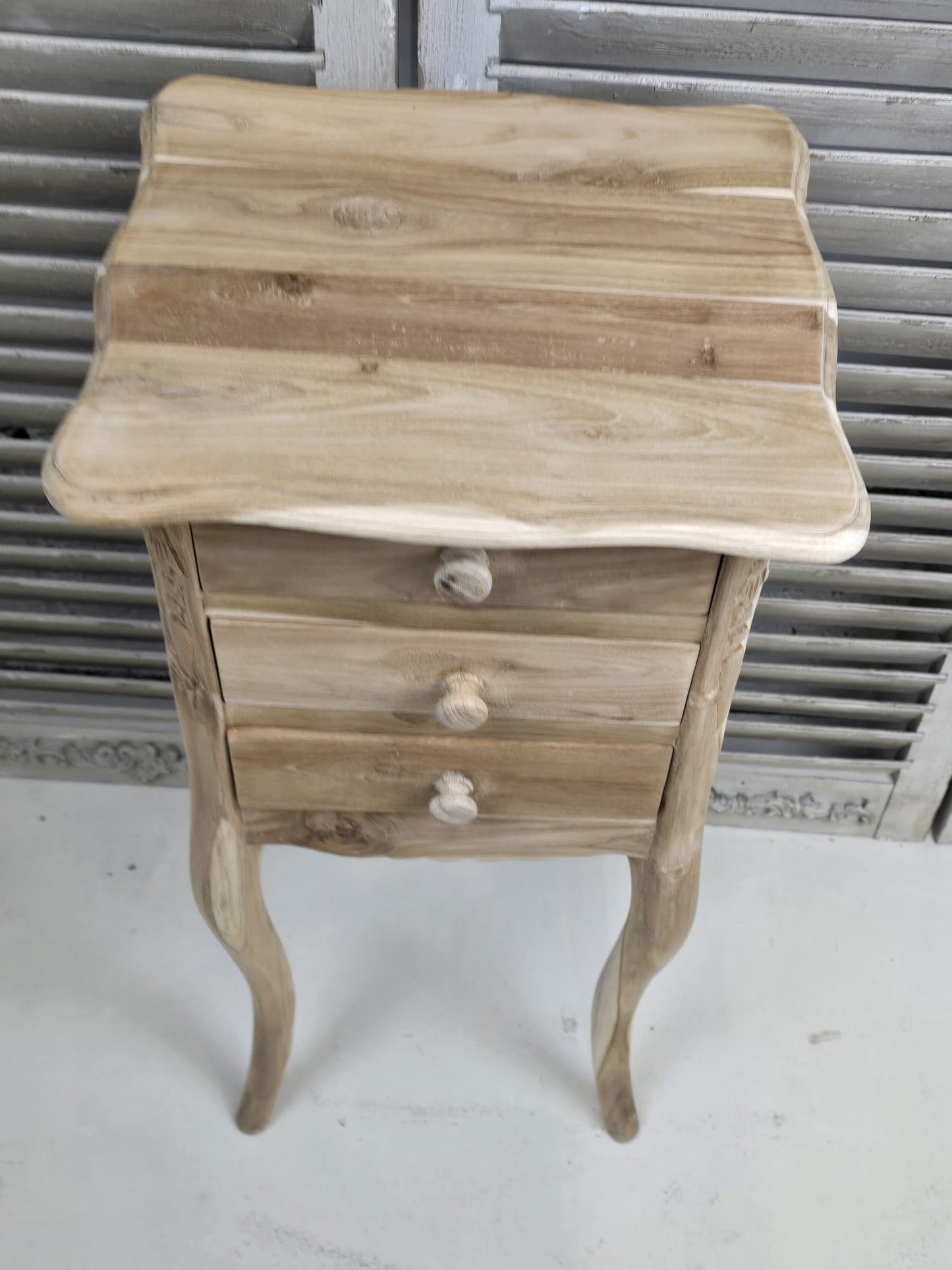 Raw Teak medium 72cm bedside table with three drawers