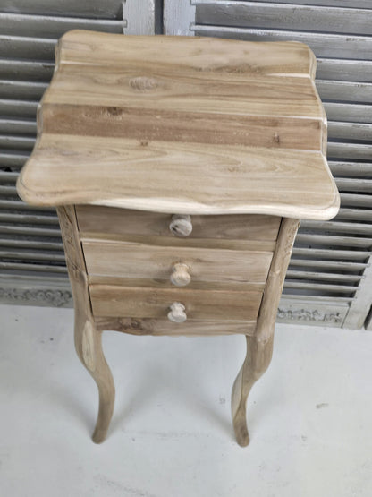 Raw Teak medium 72cm bedside table with three drawers