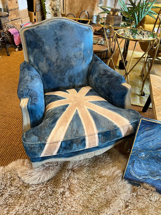 Unique Union Jack velvet upholstered chair