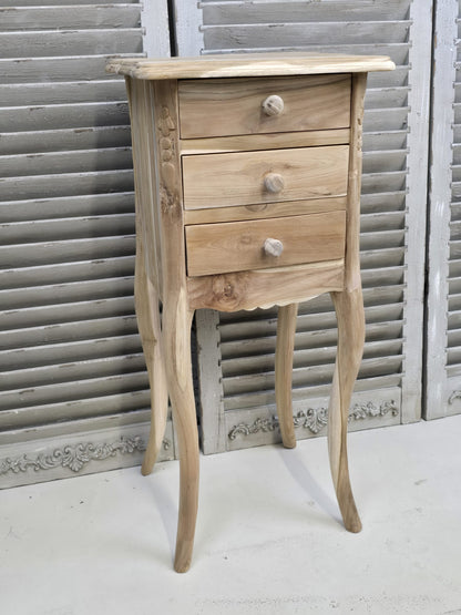 Raw Teak medium 72cm bedside table with three drawers