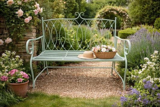 Vintage Pistachio Green Metal Garden Bench with Lattice Detail