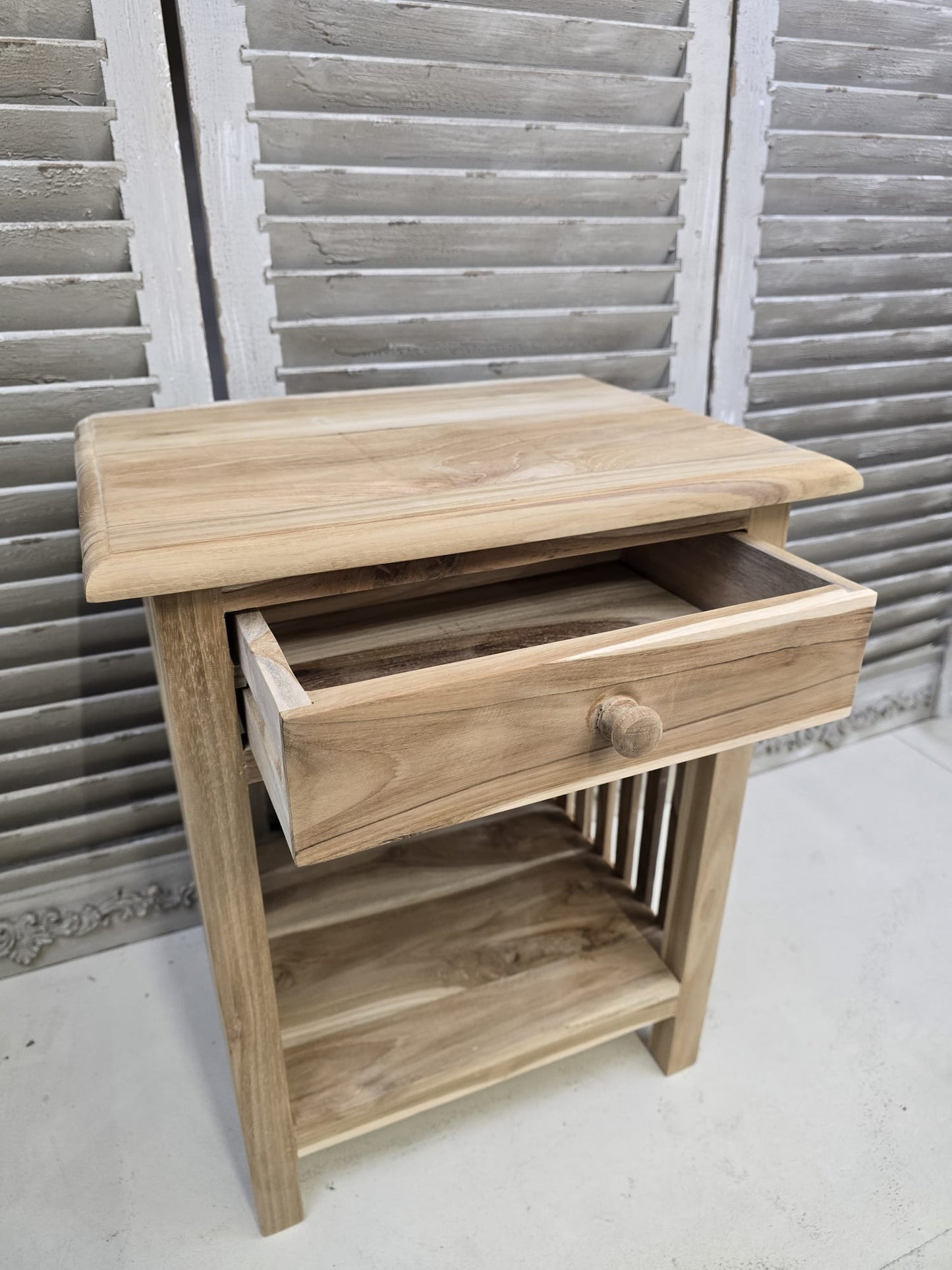 Raw teak Bedside cabinet with single drawer