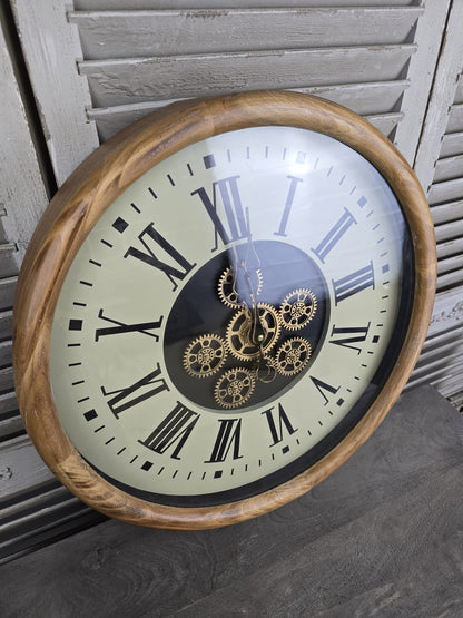 Wooden Surround Wall Clock with Roman Numerals & Moving Cogs - 50cm