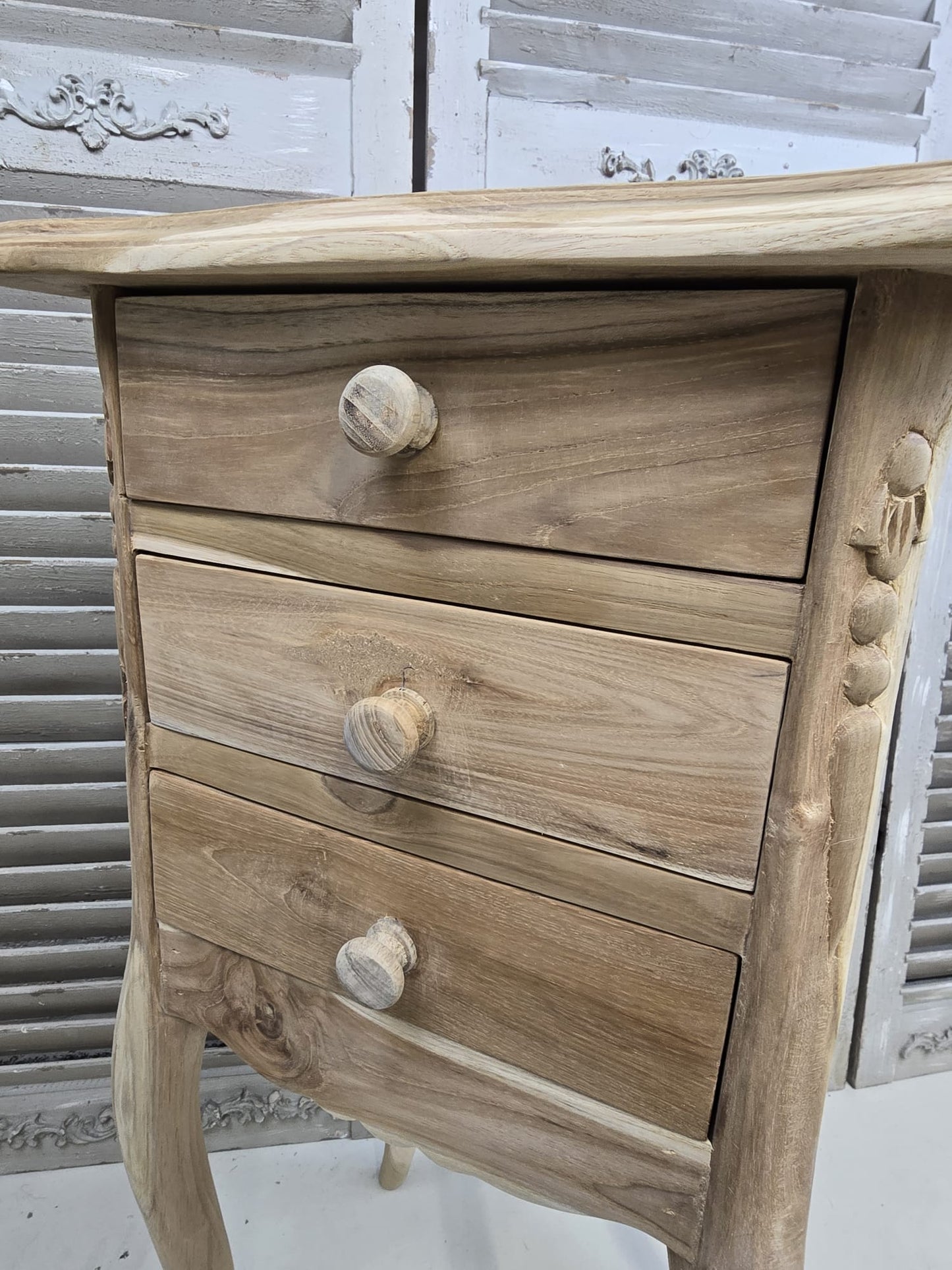 Raw Teak medium 72cm bedside table with three drawers