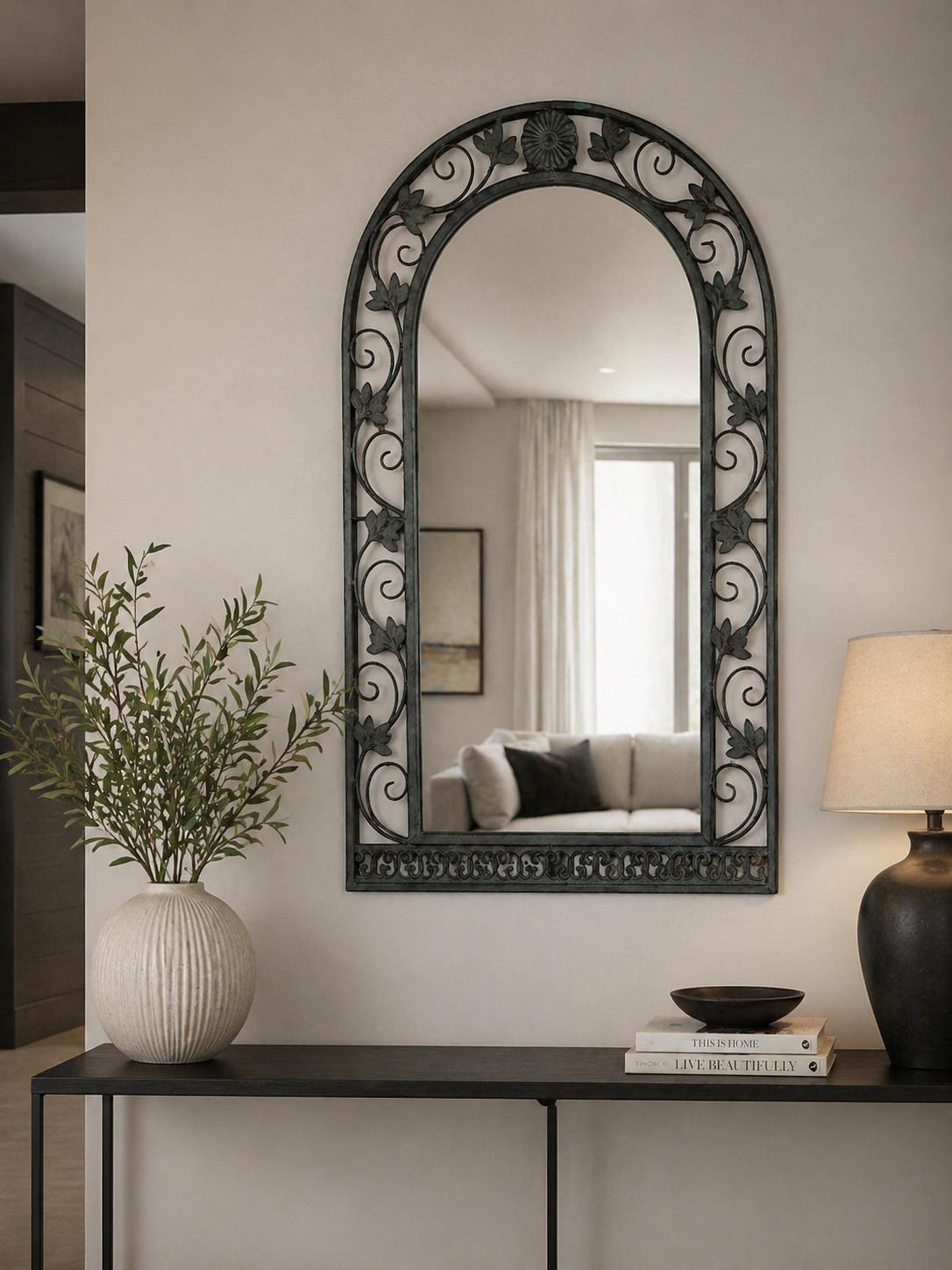 Decorative Metal Framed Garden Mirror – Indoor & Outdoor, Deep Green
