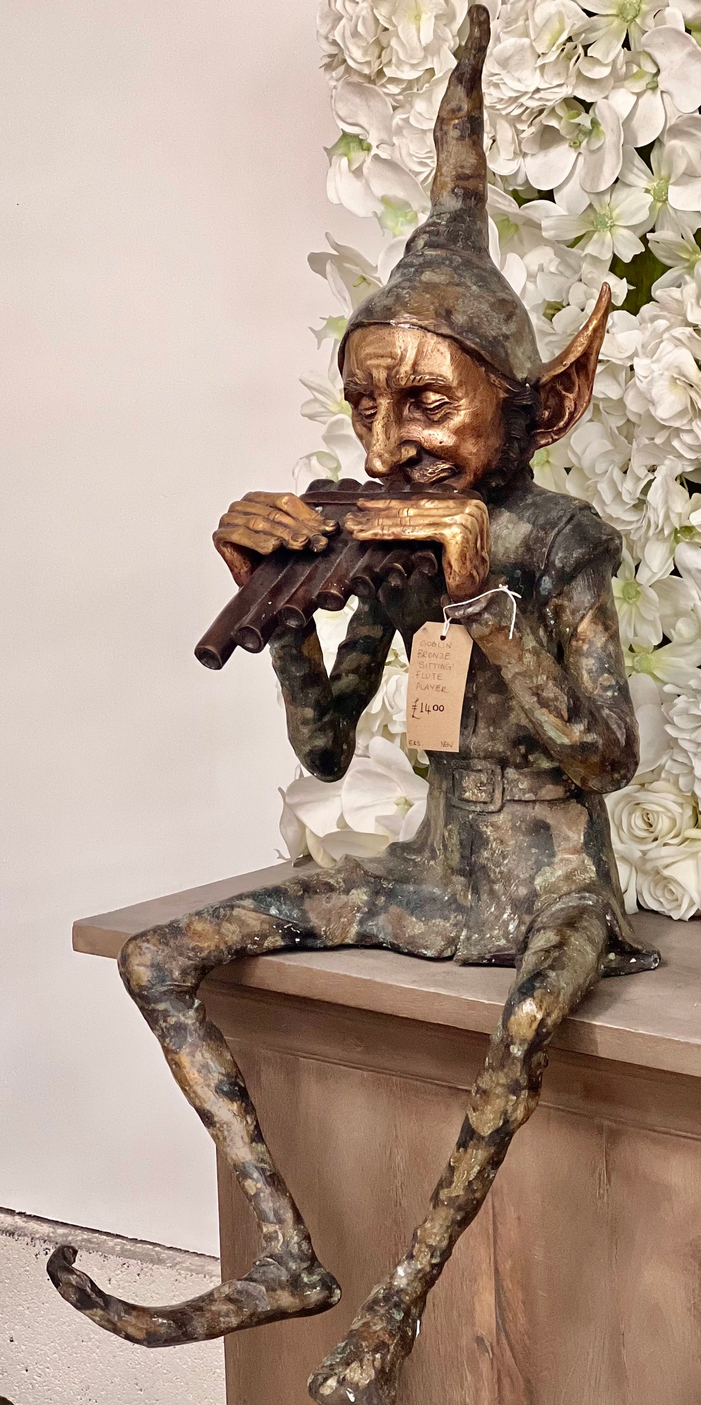 Bronze Seated Whimsical Goblin Playing Pan Pipes - Lost Wax Sculpture