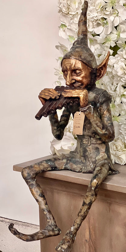 Bronze Seated Whimsical Goblin Playing Pan Pipes - Lost Wax Sculpture