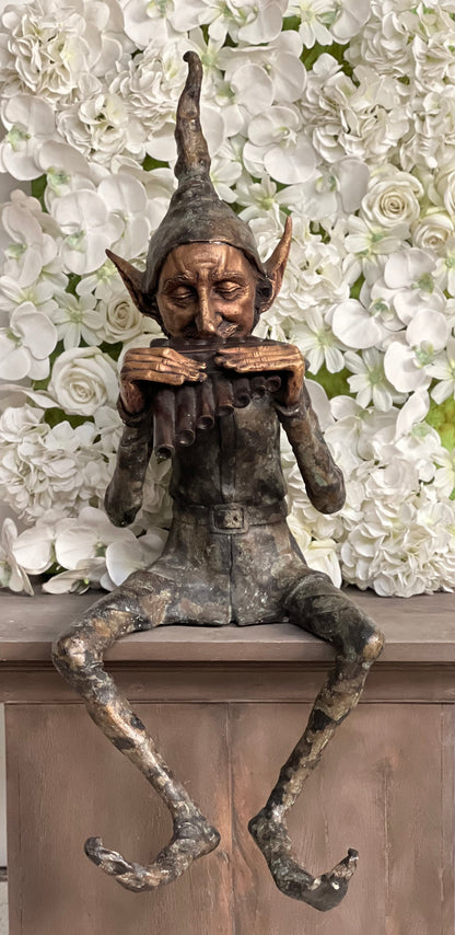 Bronze Seated Whimsical Goblin Playing Pan Pipes - Lost Wax Sculpture