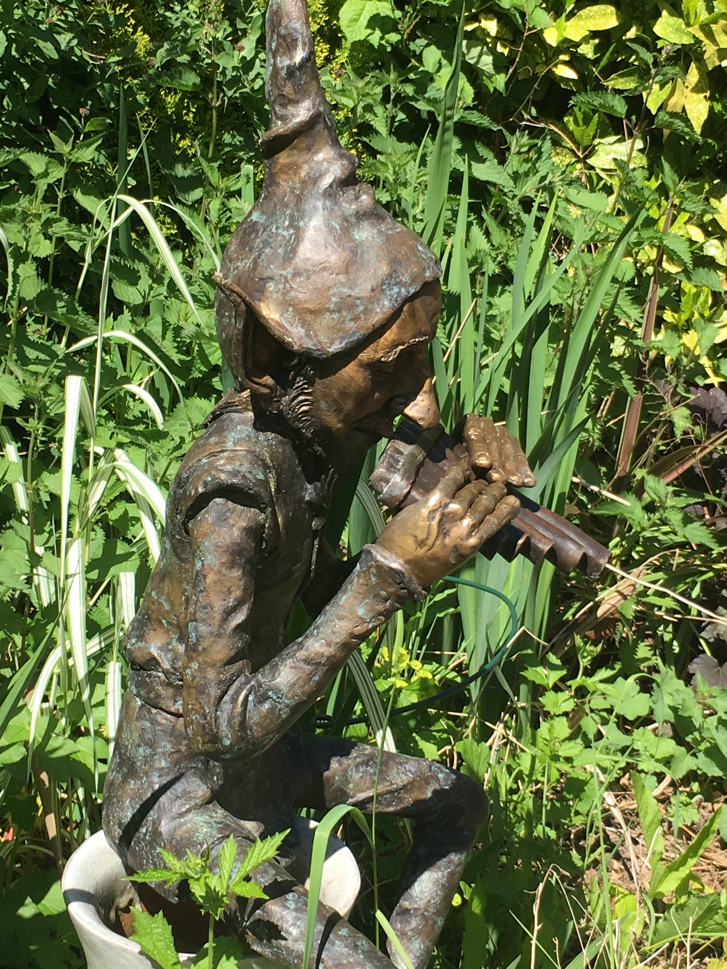 Bronze Seated Whimsical Goblin Playing Pan Pipes - Lost Wax Sculpture