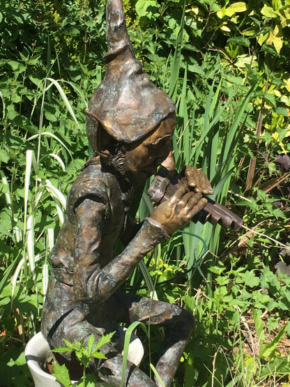 Bronze Seated Whimsical Goblin Playing Pan Pipes - Lost Wax Sculpture