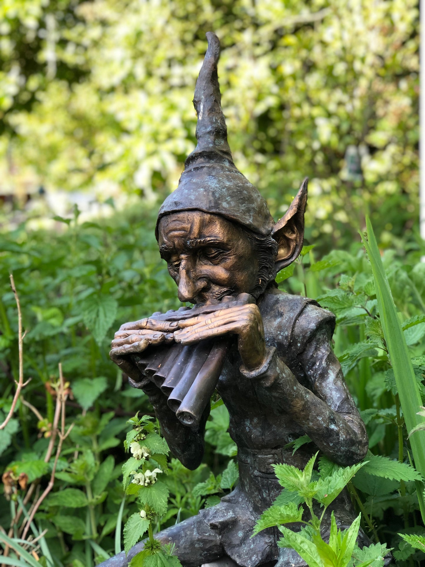 Bronze Seated Whimsical Goblin Playing Pan Pipes - Lost Wax Sculpture