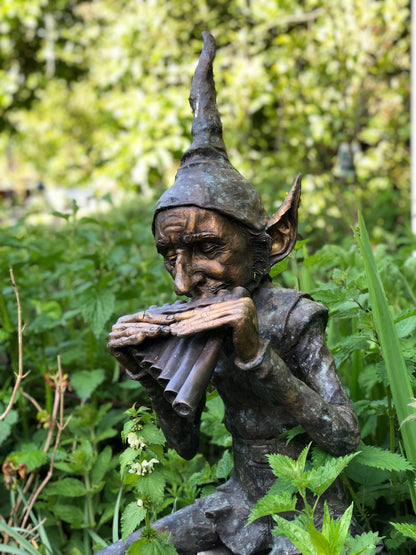 Bronze Seated Whimsical Goblin Playing Pan Pipes - Lost Wax Sculpture