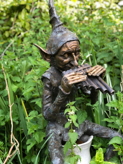 Bronze Seated Whimsical Goblin Playing Pan Pipes - Lost Wax Sculpture