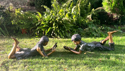 Bronze Children Twins Reading - Lost Wax Sculpture Pair