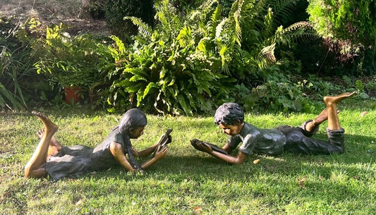 Bronze Children Twins Reading - Lost Wax Sculpture Pair