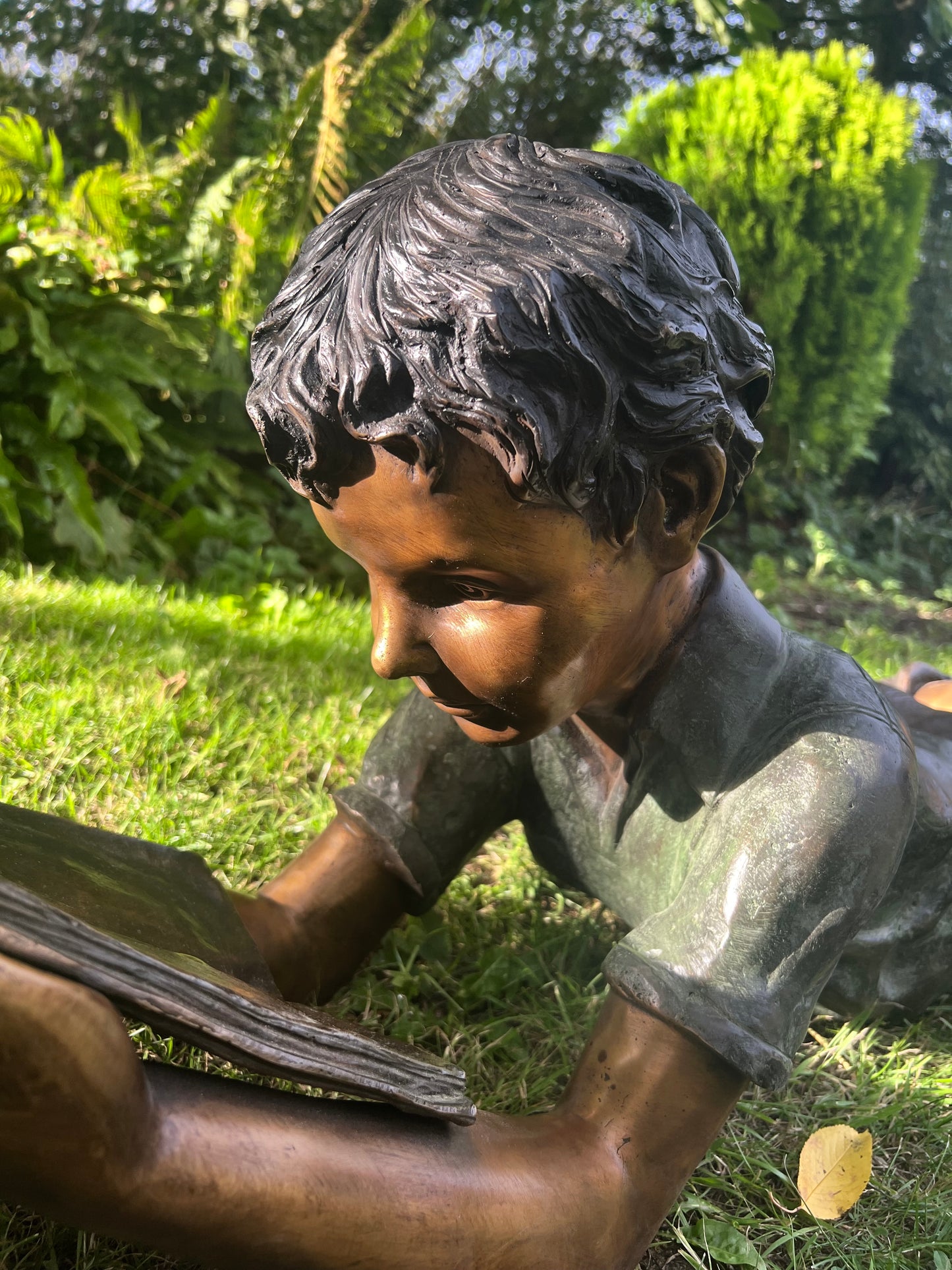 Bronze Children Twins Reading - Lost Wax Sculpture Pair
