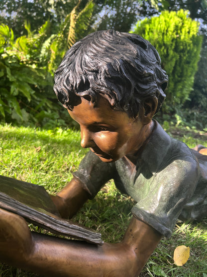 Bronze Children Twins Reading - Lost Wax Sculpture Pair