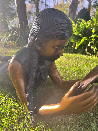 Bronze Children Twins Reading - Lost Wax Sculpture Pair