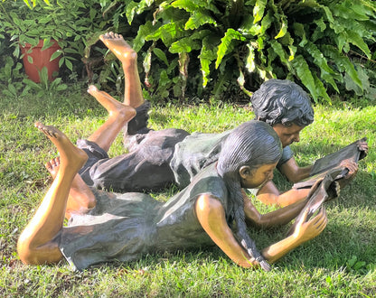 Bronze Children Twins Reading - Lost Wax Sculpture Pair