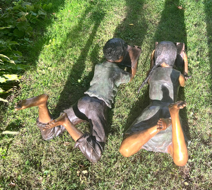 Bronze Children Twins Reading - Lost Wax Sculpture Pair