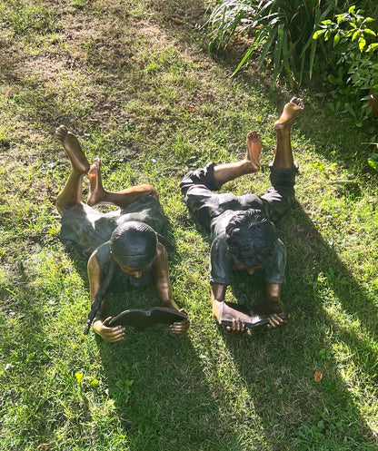 Bronze Children Twins Reading - Lost Wax Sculpture Pair