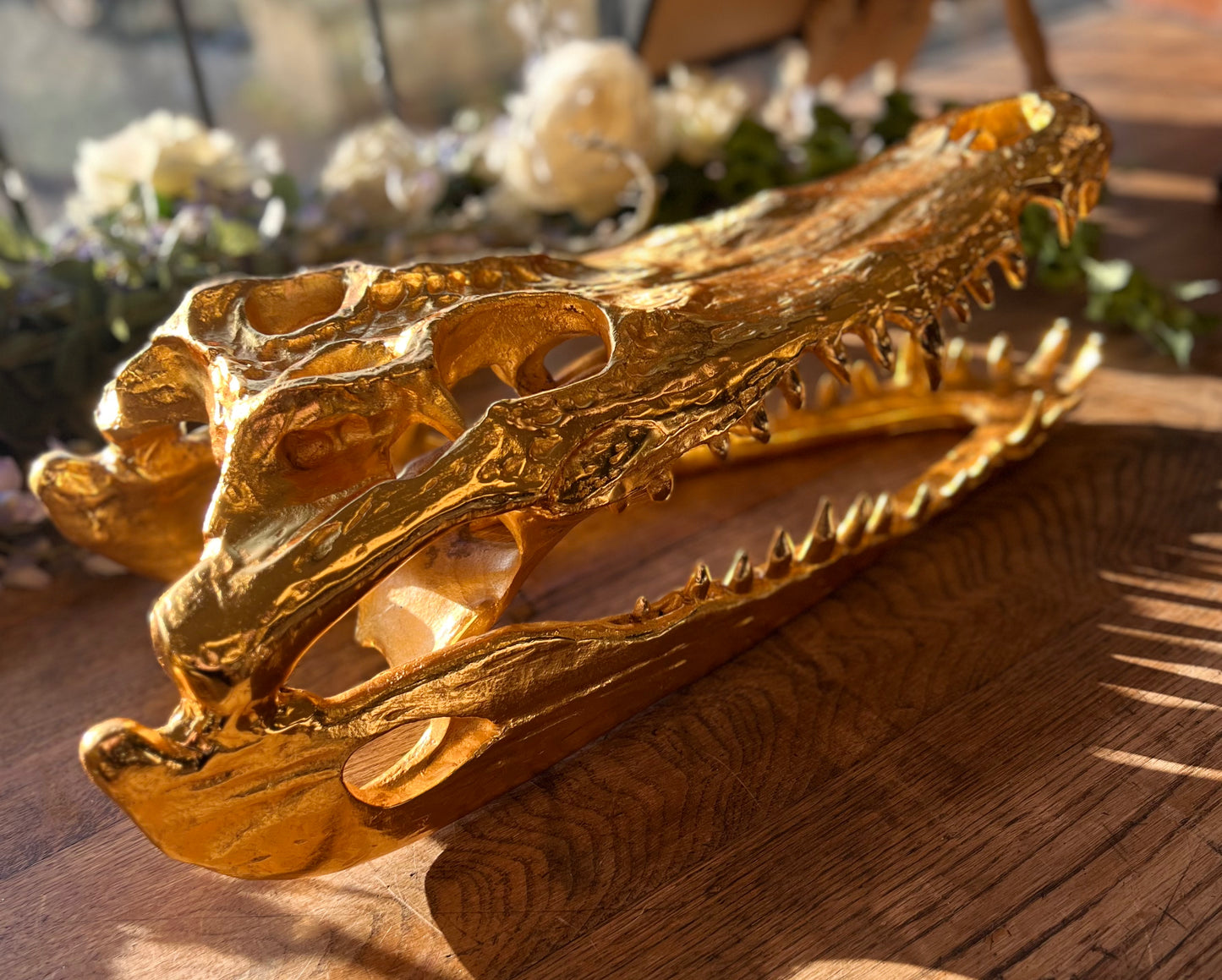 Life-Size Crocodile Skull - Cast Aluminium in Gold Finish