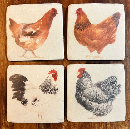 Chicken & Cockerel Ceramic Tile Coasters - Set of Four with Cork Backing