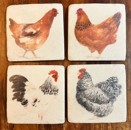 Chicken & Cockerel Ceramic Tile Coasters - Set of Four with Cork Backing