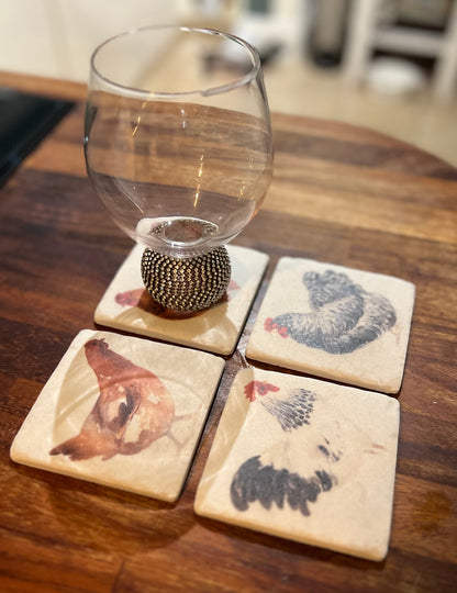 Chicken & Cockerel Ceramic Tile Coasters - Set of Four with Cork Backing