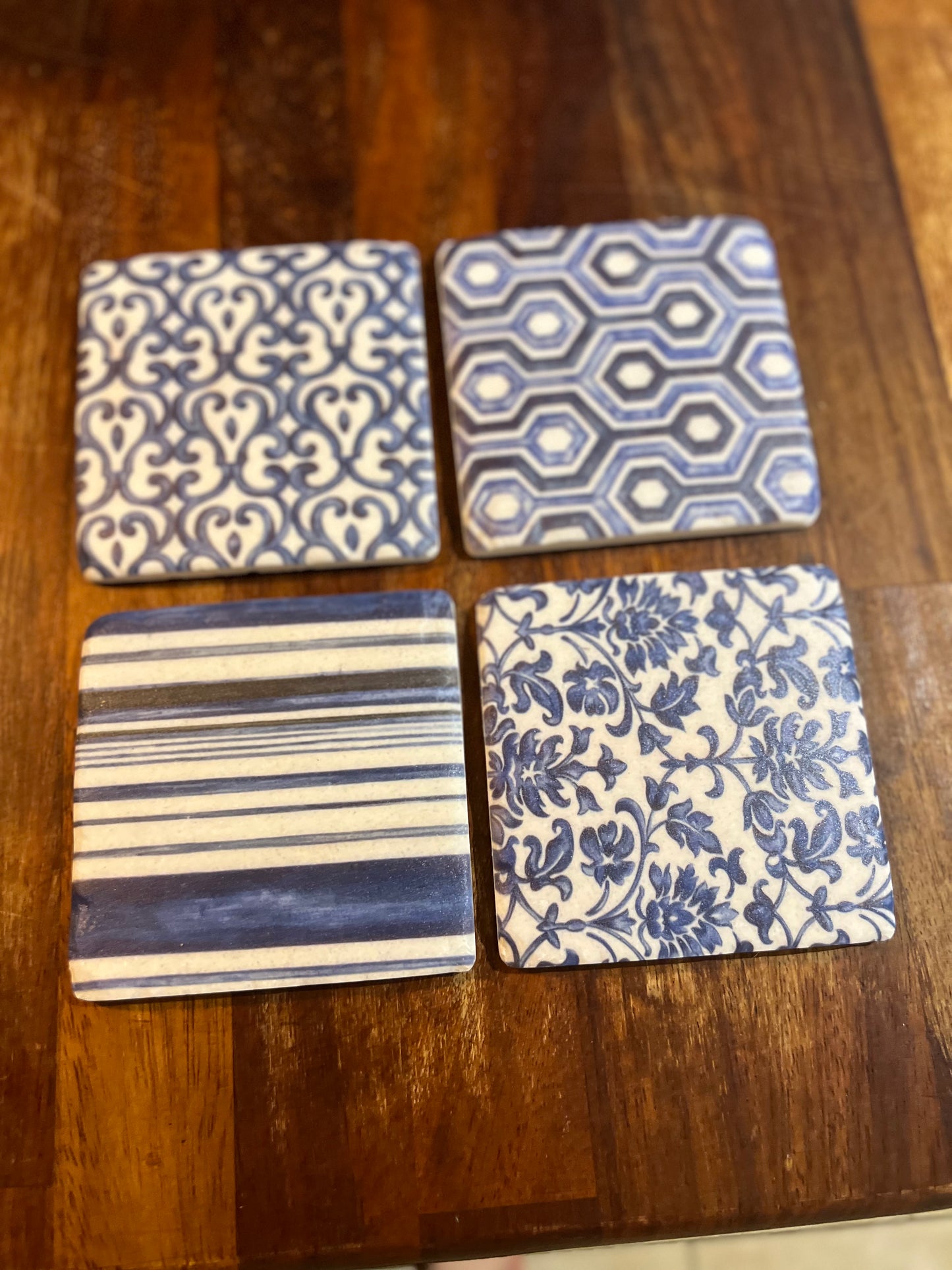 Blue Geometric Ceramic Tile Coasters - Set of Four with Cork Backing