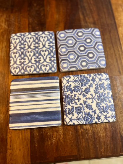 Blue Geometric Ceramic Tile Coasters - Set of Four with Cork Backing