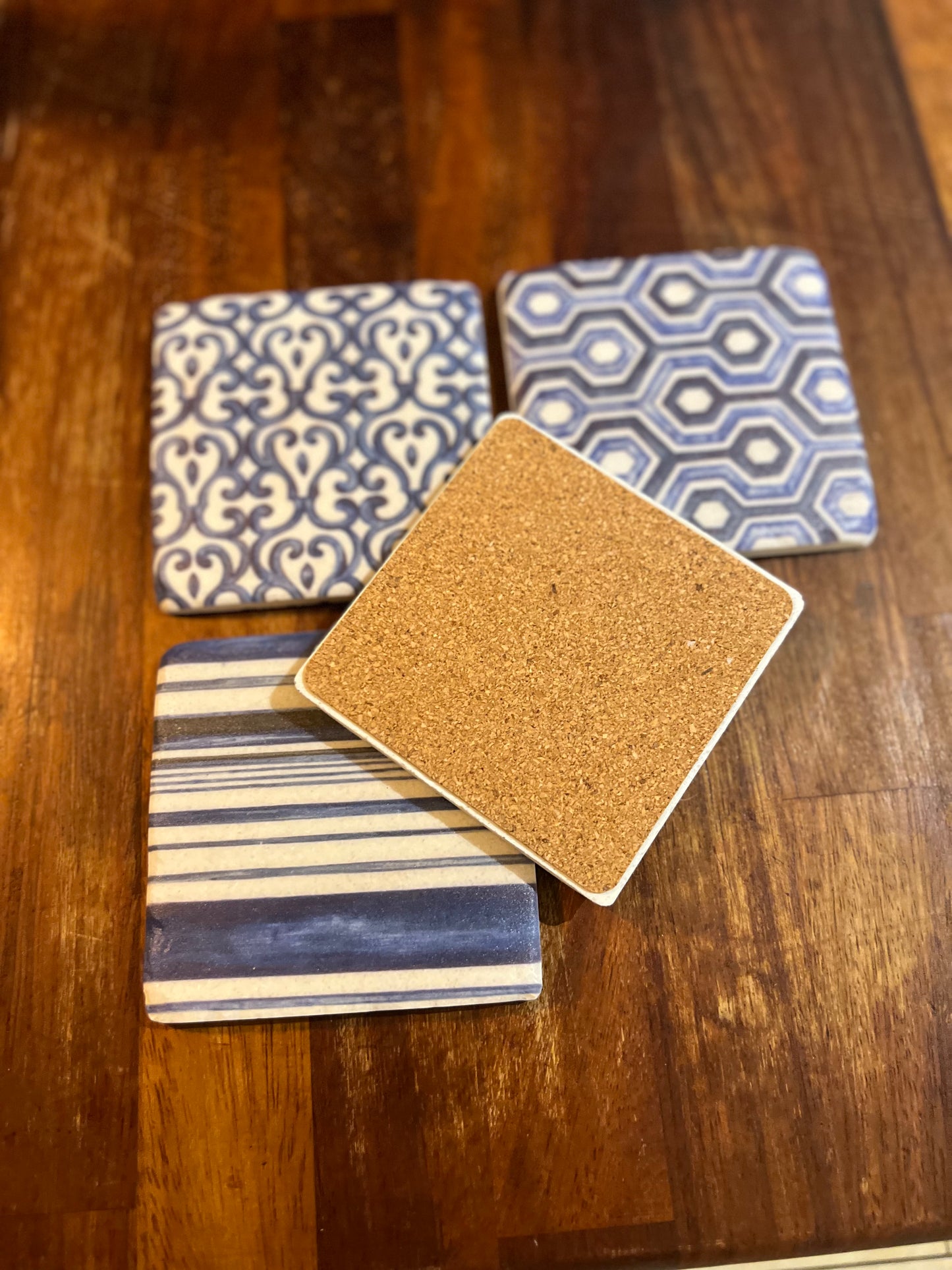 Blue Geometric Ceramic Tile Coasters - Set of Four with Cork Backing