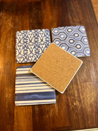 Blue Geometric Ceramic Tile Coasters - Set of Four with Cork Backing