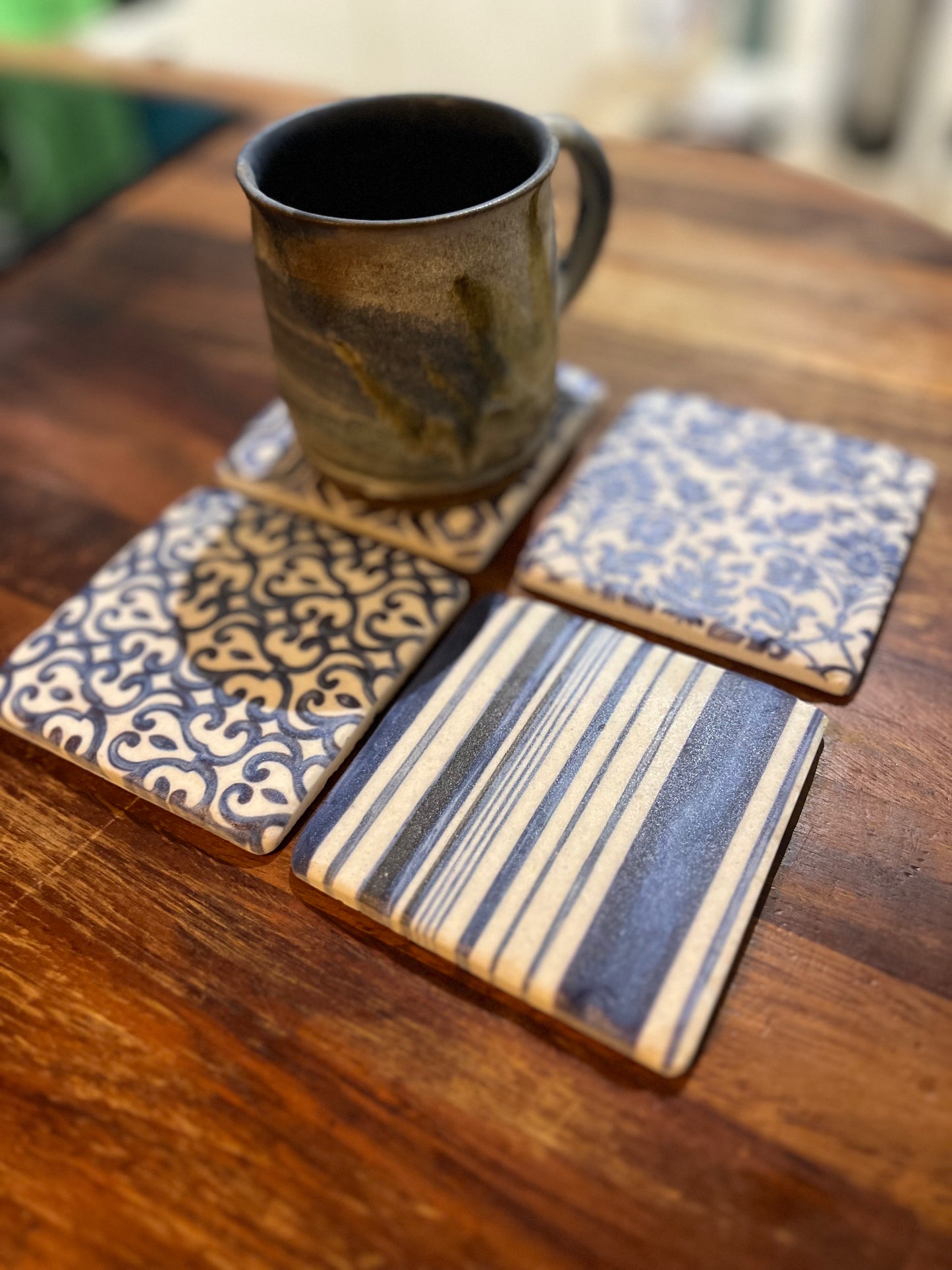 Blue Geometric Ceramic Tile Coasters - Set of Four with Cork Backing