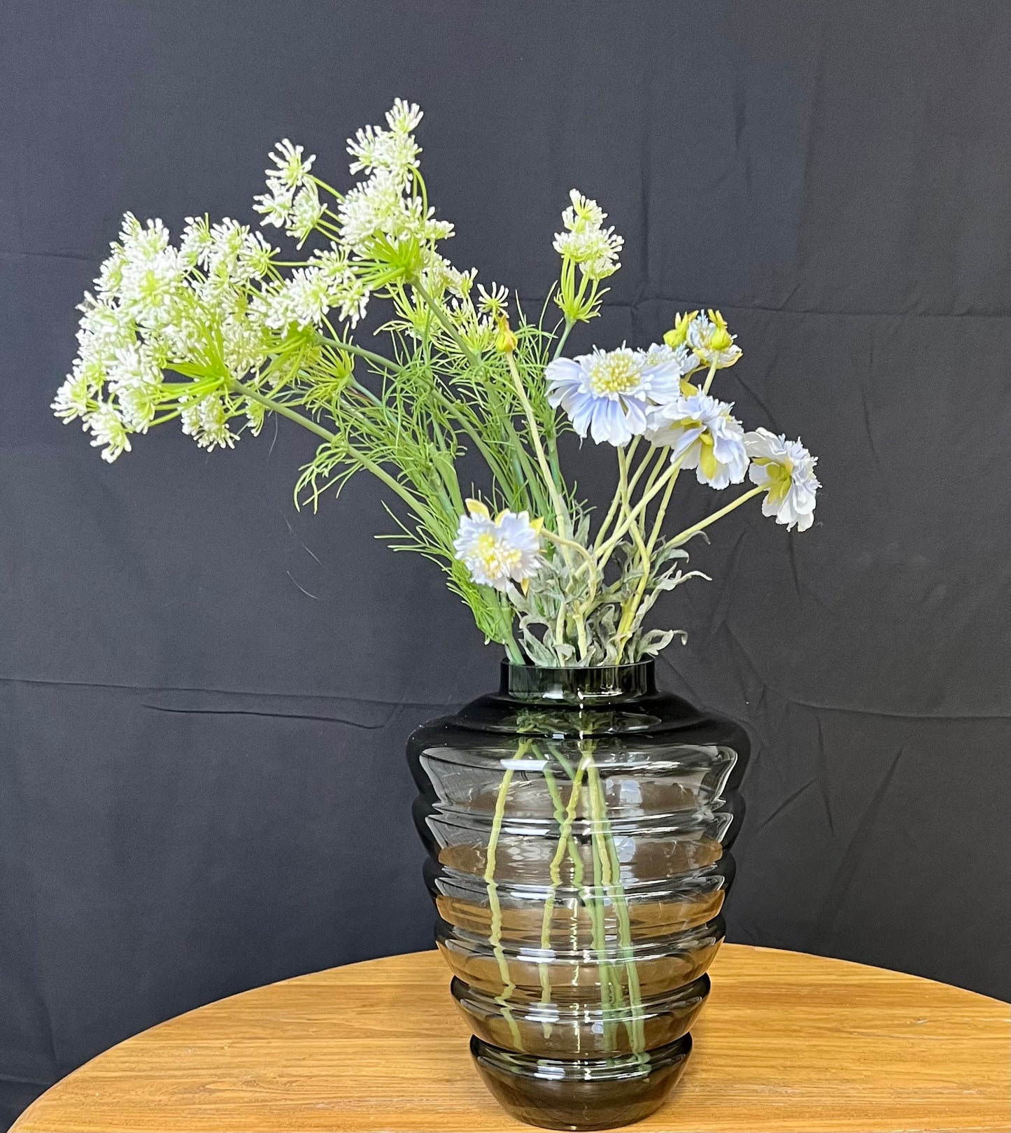 Beehive Glass Vase with Faux Flowers - Queen Anne's Lace & Blue Scabious