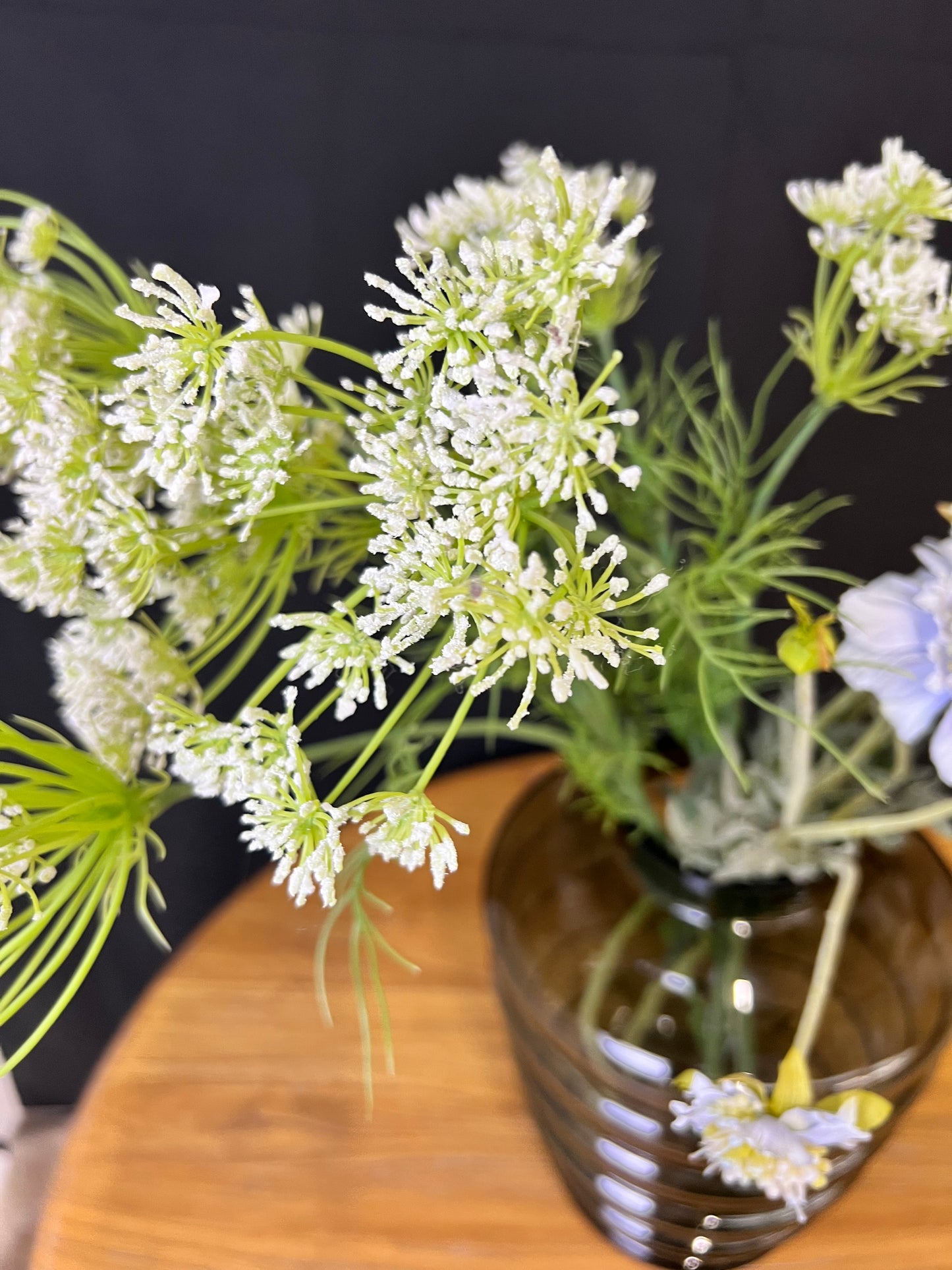 Beehive Glass Vase with Faux Flowers - Queen Anne's Lace & Blue Scabious