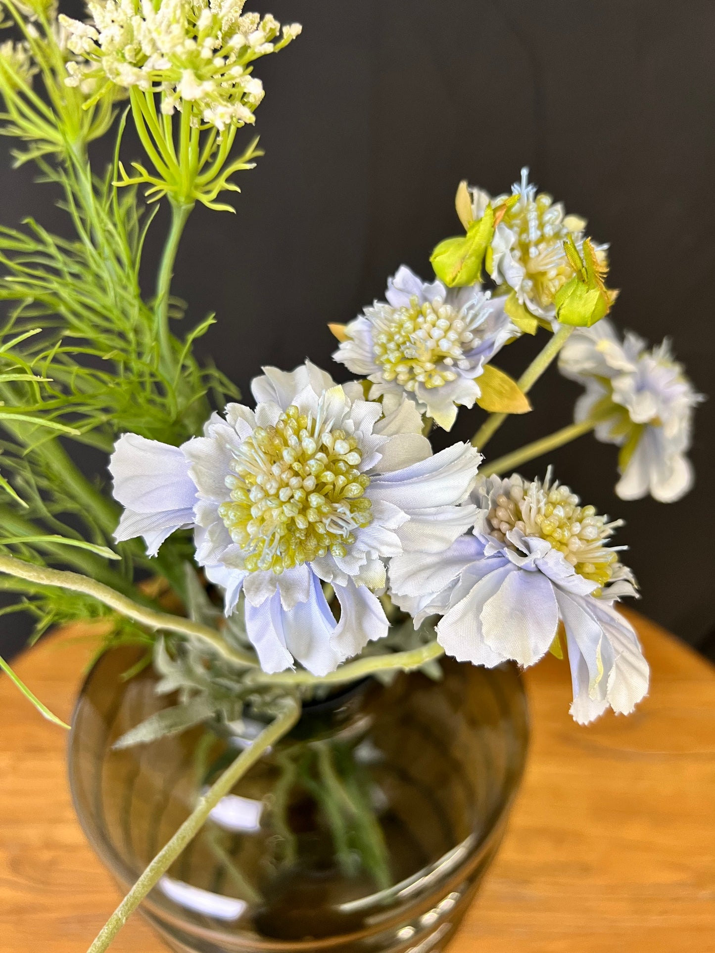 Beehive Glass Vase with Faux Flowers - Queen Anne's Lace & Blue Scabious