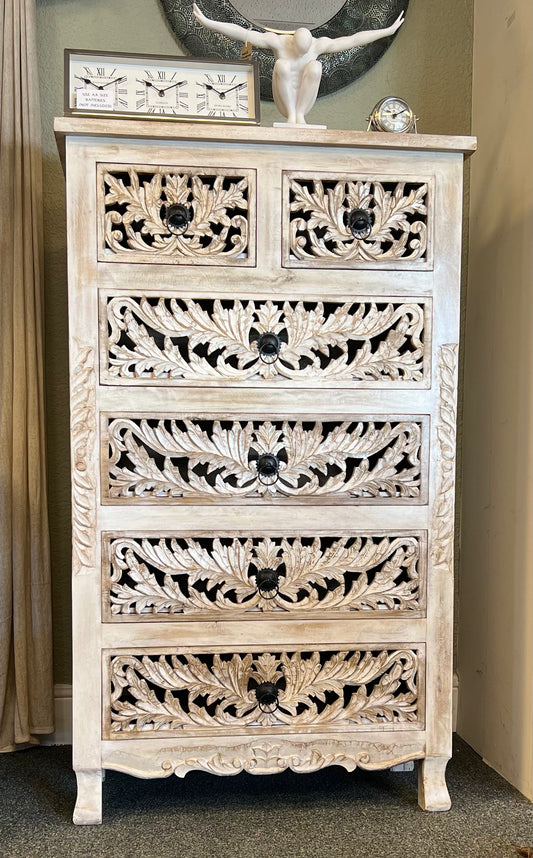 Tallboy Style 6 Drawer Chest - Hand Carved Mango Wood in Vintage White