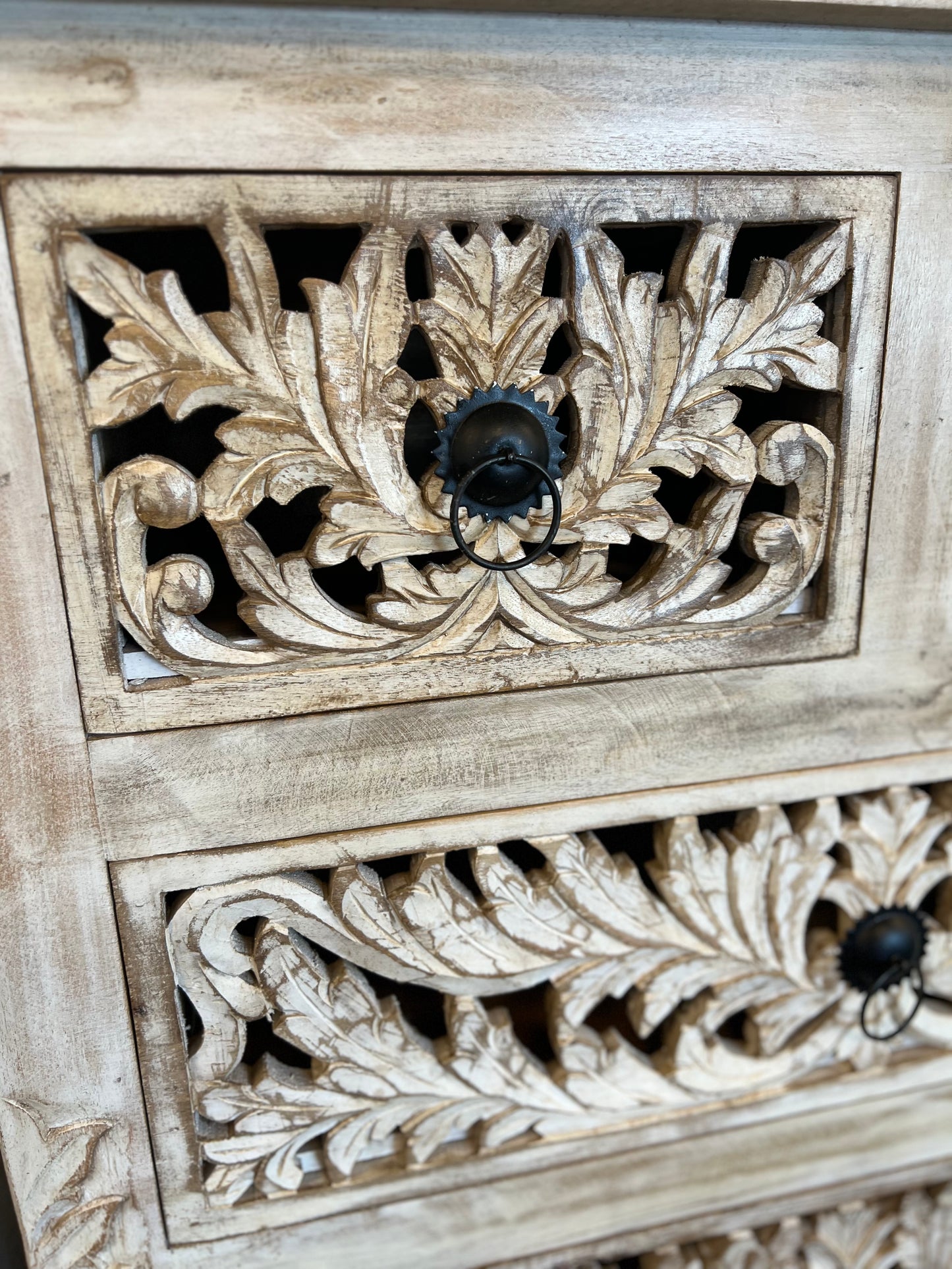 Tallboy Style 6 Drawer Chest - Hand Carved Mango Wood in Vintage White