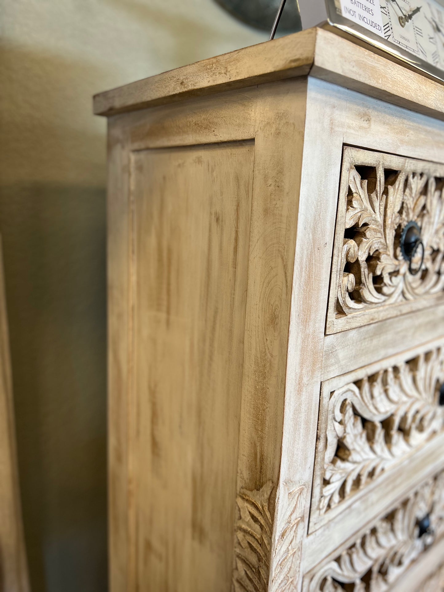 Tallboy Style 6 Drawer Chest - Hand Carved Mango Wood in Vintage White